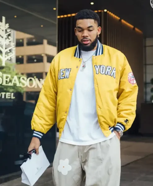 Karl Anthony Towns New York Knicks Yellow Satin Bomber Jacket