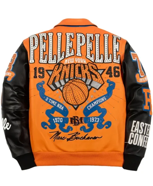 Miles McBride Pelle Pelle x New York Knicks Orange and Black Varsity Jacket Back