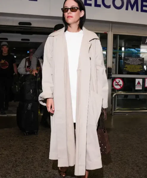 Riley Keough Arriving Nice Airport Beige Coat