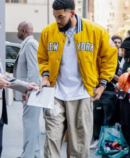 Shop Karl Anthony Towns New York Knicks Yellow Satin Bomber Jacket