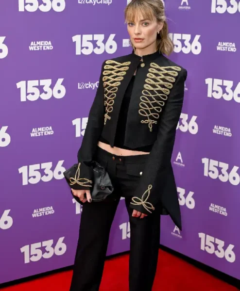 Shop Margot Robbie 2026 Attending the opening night 1536 London Black Military Jacket