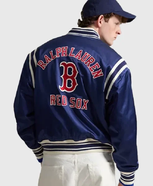 Shop Ralph Lauren x MLB Boston Red Sox Satin Blue Varsity Bomber Jacket