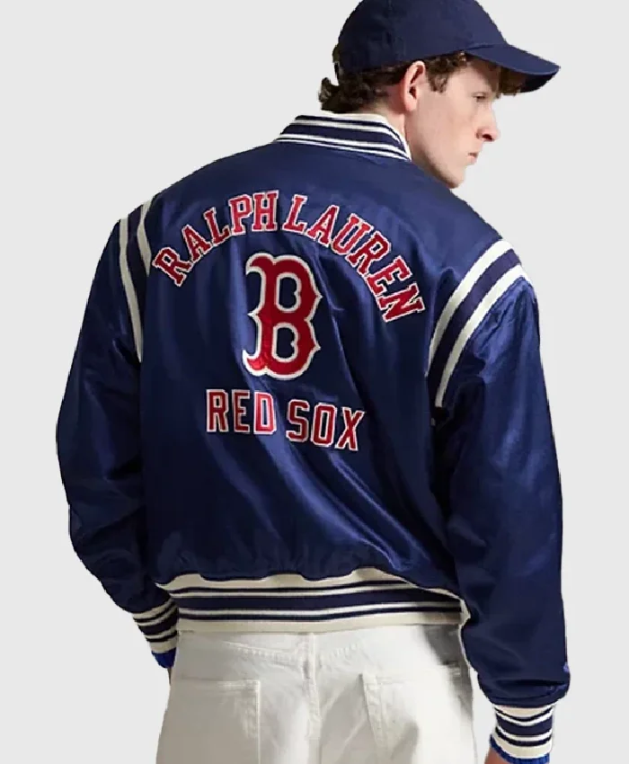 Shop Ralph Lauren x MLB Boston Red Sox Satin Blue Varsity Bomber Jacket