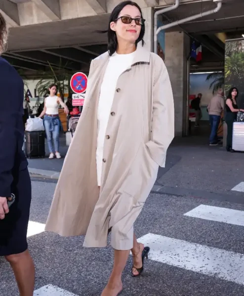 Shop Riley Keough Arriving Nice Airport 79th Cannes Film Festival France 2026 Beige Trench Coat