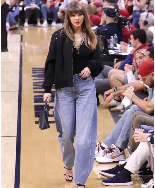 Shop Taylor Swift NBA Playoffs Cleveland Cavaliers vs. New York Knicks Patchwork Black Denim Bomber Jacket For Women
