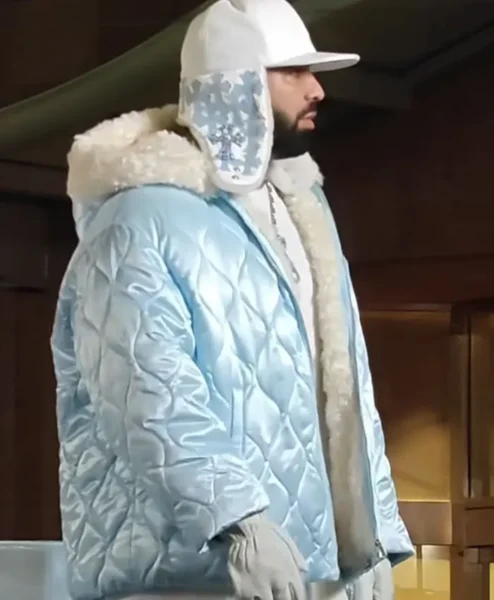Toronto ICEMAN Video Shoot Drake Blue Quilted Jacket Right