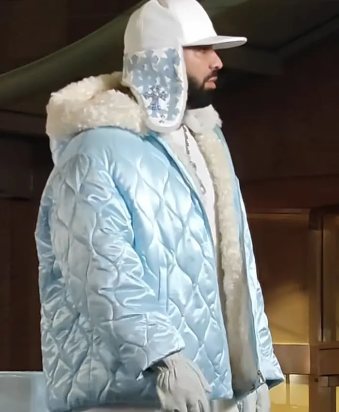 Toronto ICEMAN Video Shoot Drake Blue Quilted Jacket Right