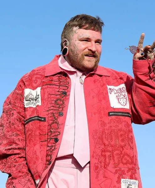 2026 Coachella Valley Music And Arts Festival Teddy Swims Red Cotton Printed Coat Closeup.webp
