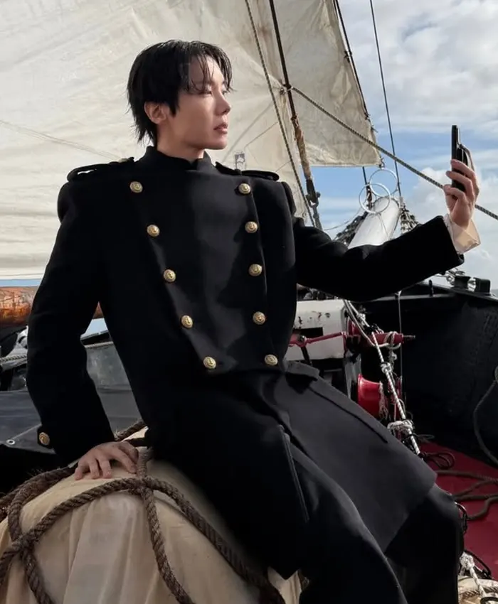 BTS Swim Music Video 2026 J Hope Black Wool Double Breasted Coat Front.webp
