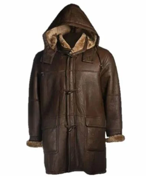 Brent Hook Closure Chocolate Brown Hooded Leather Coat.webp