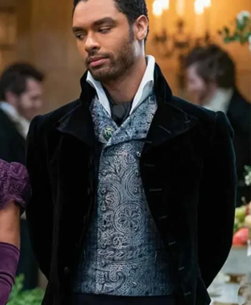 Bridgerton Simon Basset Velvet Black Long Tailcoat closeup .webp