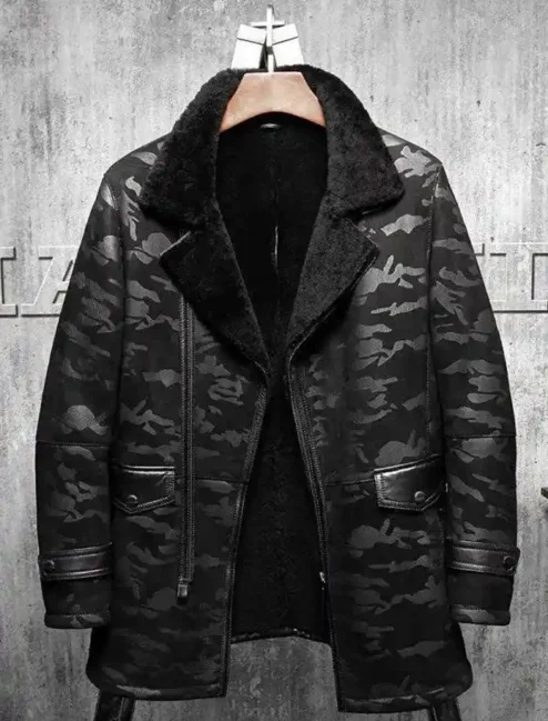 Charles Black Camo Lapel Shearling Leather Coat.webp