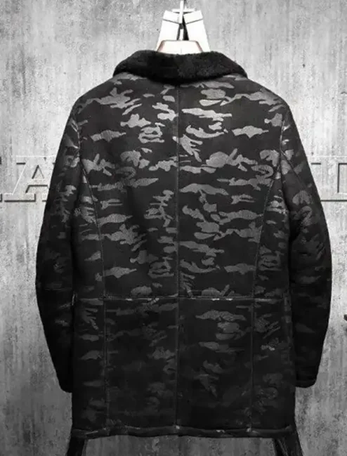Charles Black Camo Lapel Shearling Leather Coat Back.webp