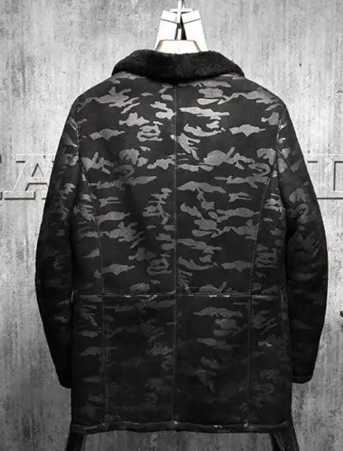 Charles Black Camo Lapel Shearling Leather Coat Back.webp