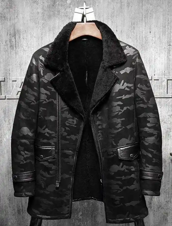 Charles Black Camo Lapel Shearling Leather Coat.webp
