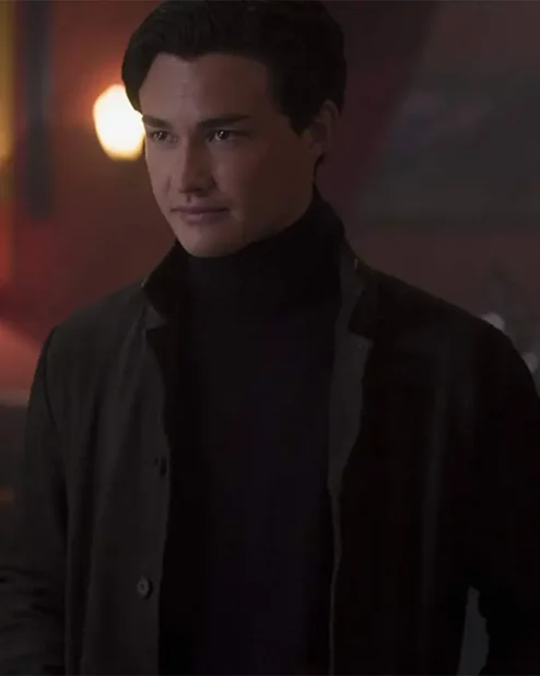 Chilling Adventures of Sabrina Nicholas Scratch Black Leather Coat front open.webp