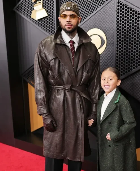 Chris Brown 68th GRAMMY Awards 2026 Brown Leather Trench Coat Front.webp