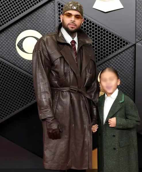 Chris Brown 68th GRAMMY Awards 2026 Brown Leather Trench Coat Right.webp