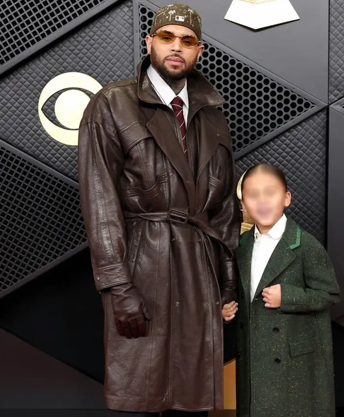 Chris Brown 68th GRAMMY Awards 2026 Brown Leather Trench Coat Right.webp