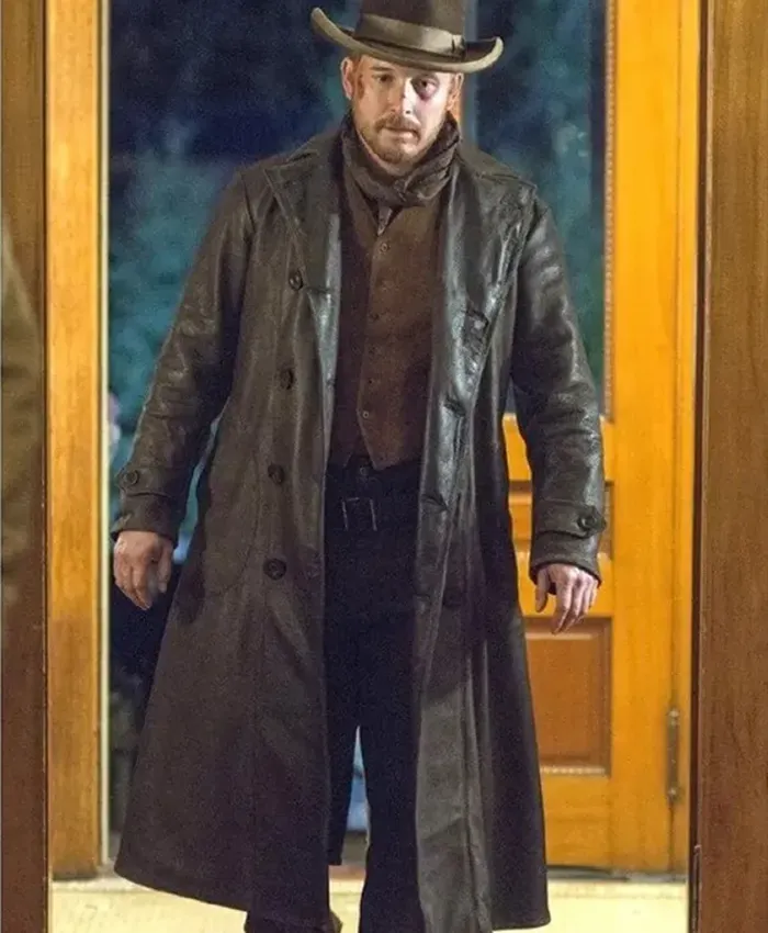 Cole Hauser Yellowstone Black Leather Trench Coat front.webp