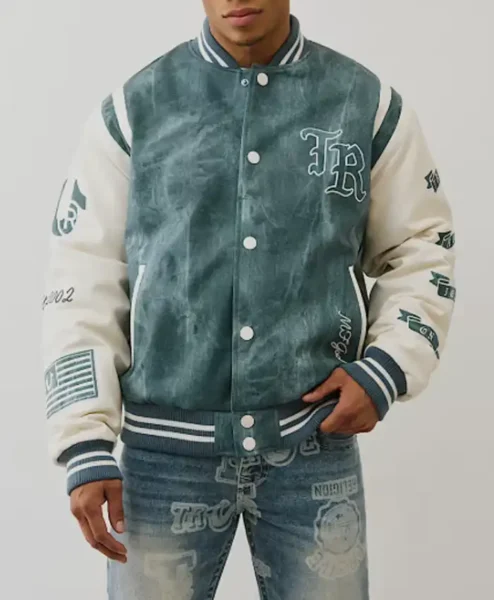 Denim Print Retro Varsity Jacket