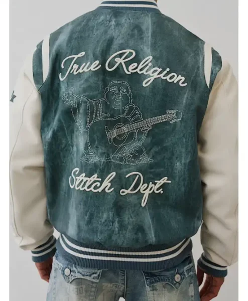 Denim Print Retro Varsity Jacket For Sale