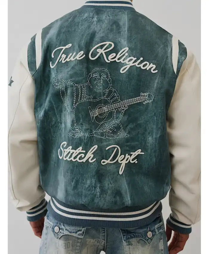 Denim Print Retro Varsity Jacket For Sale