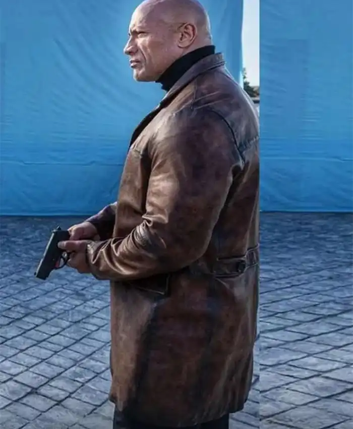 Dwayne Johnson Red Notice Brown Leather Coat left closeup.webp