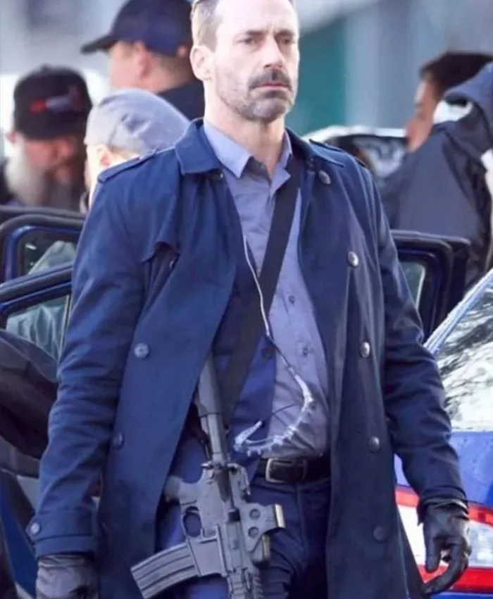 Jon Hamm Baby Driver Buddy Blue Long Trench Coat right.webp