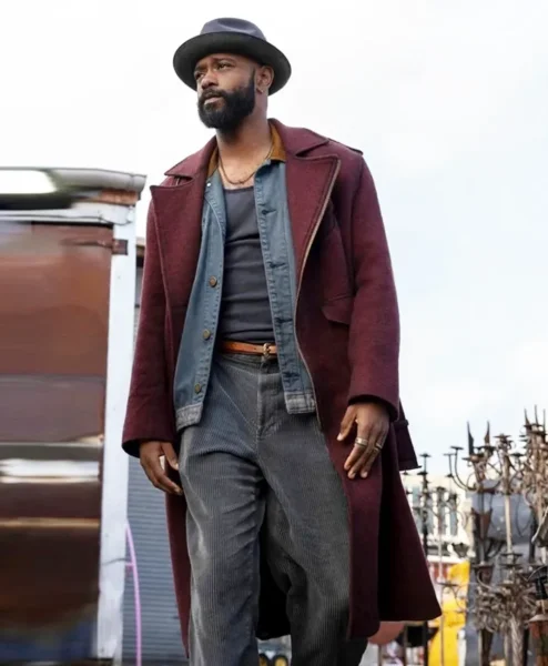 LaKeith Stanfield Play Dirty Maroon Trench Coat.webp