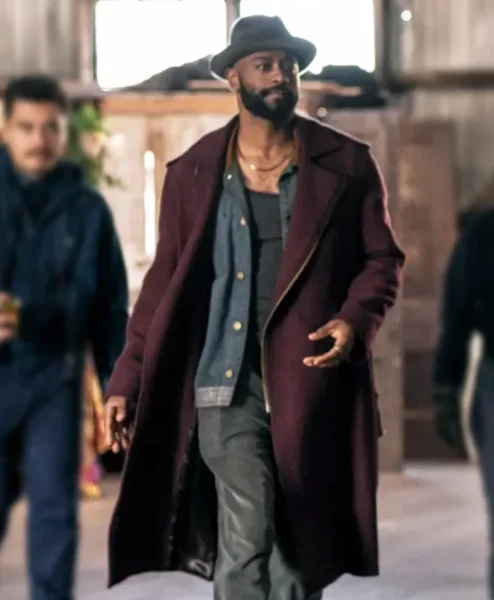 LaKeith Stanfield Play Dirty Maroon Trench Coat front.webp