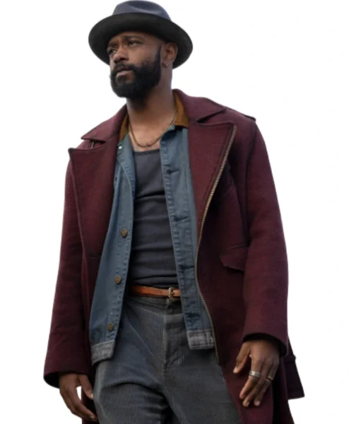 LaKeith Stanfield Play Dirty Maroon Trench Coat white bg.webp