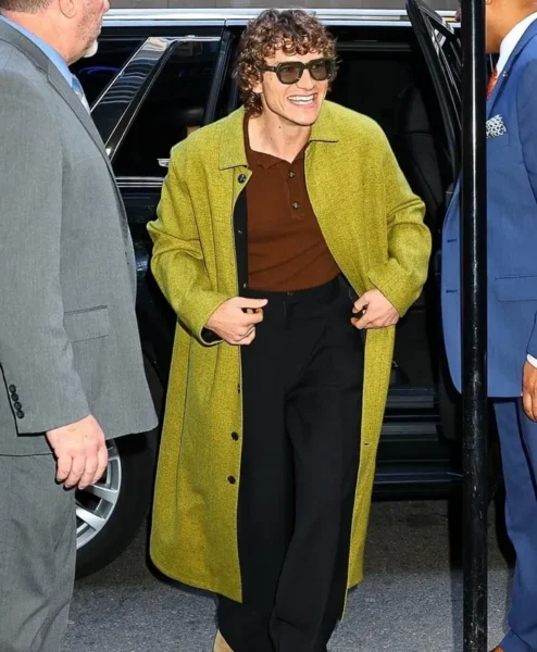 Late Night with Seth Meyers Connor Storrie Mustard Green Wool Coat Front.webp