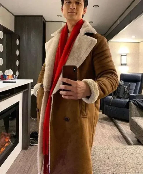 Love Hard Owen Lin Brown Long Trench Coat left.webp