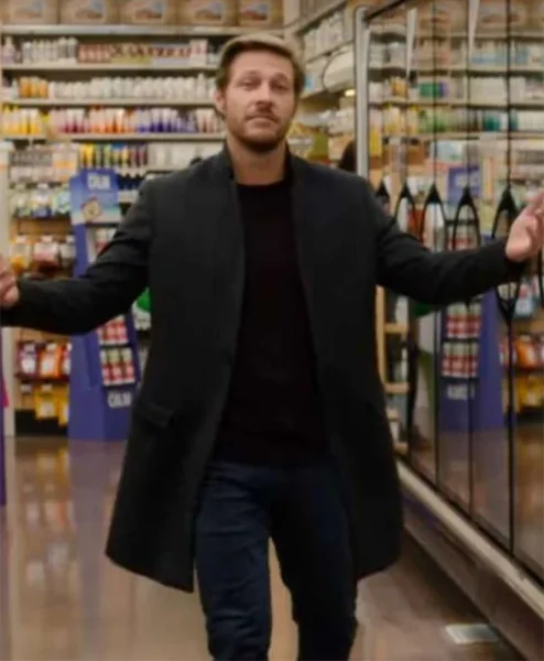Luke Bracey Holidate Black Mid Length Coat front.webp