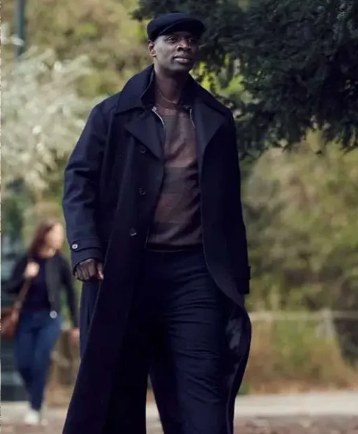 Lupin Omar Sy Black Long Wool Trench Coat front.webp
