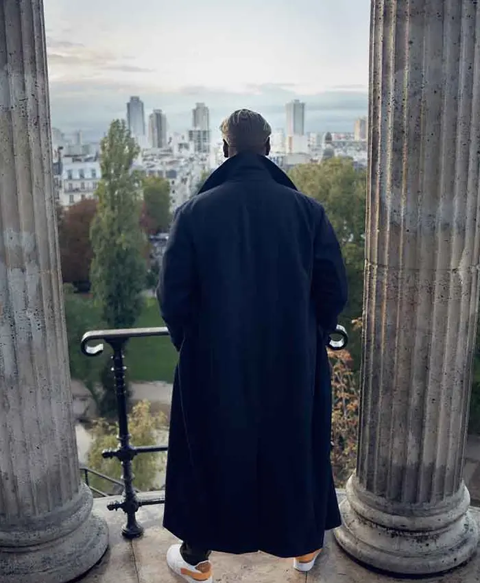 Lupin Omar Sy Navy Blue Long Trench Coat back.webp