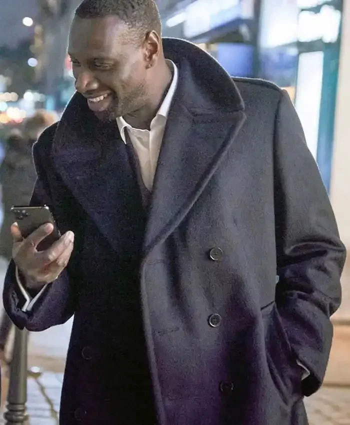 Lupin Omar Sy Navy Blue Long Trench Coat closeup.webp