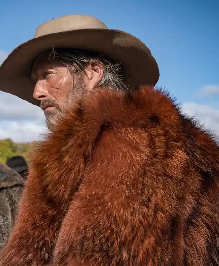Mads Mikkelsen Chaos Walking Mayor Prentiss Brown Fur Coat back.webp