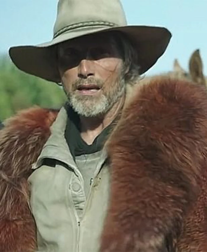 Mads Mikkelsen Chaos Walking Mayor Prentiss Brown Fur Coat closeup.webp