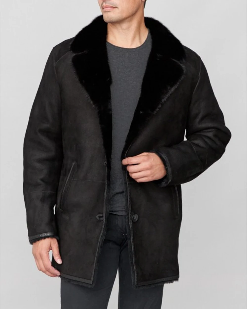 Marcus Shearling Fur Collar Black Sheepskin Coat.webp