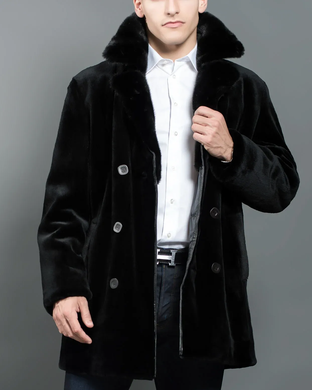 Mens Black Mid Length Mink Fur Soft Coat.webp