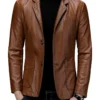 Mens Casual Sheepskin Leather Brown Blazer Coat.webp