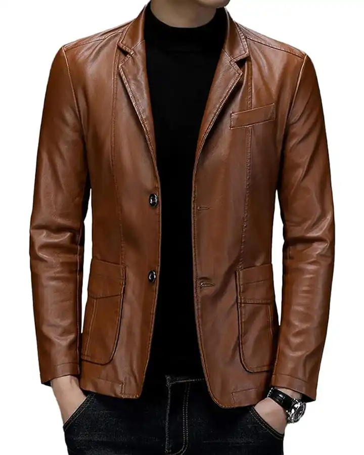 Mens Casual Sheepskin Leather Brown Blazer Coat.webp