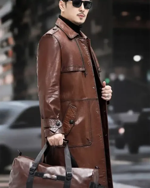 Mens Genuine Sheepskin Brown Leather Trench Coat.webp