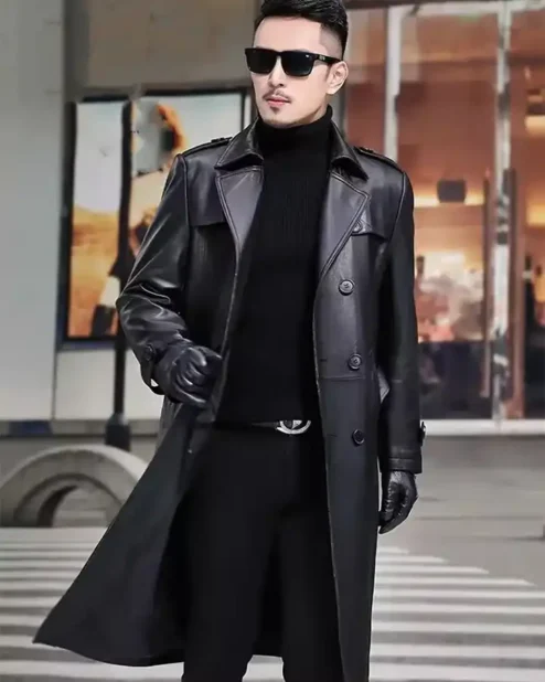 Mens Genuine Sheepskin Leather Trench Coat.webp