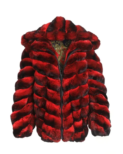 Mens Red and Black Hooded Chinchilla Bomber Coat.webp
