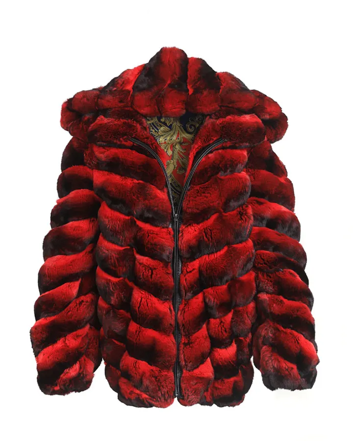Mens Red and Black Hooded Chinchilla Bomber Coat.webp