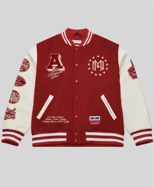 Mitchell Ness Red Authentic Branded Letterman Jacket Front