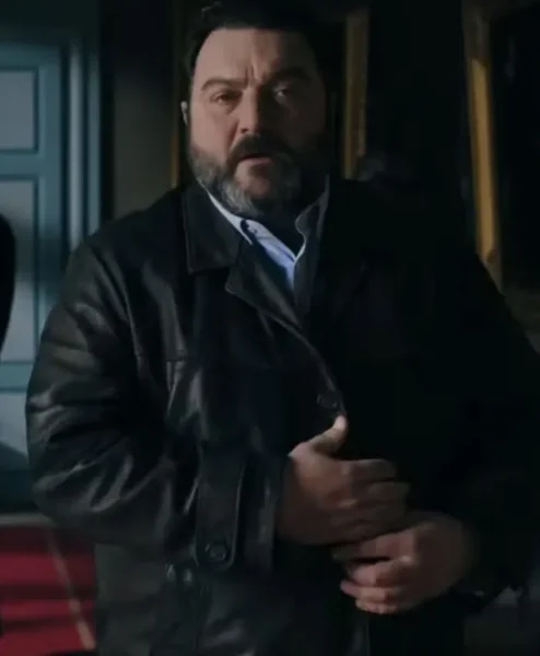 Monsieur Spade 2024 Denis Menochet Black Leather Coat clsoeup.webp
